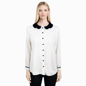 ModCloth Ivory Black Trim Peter Pan Collar Button Up Blouse Womens M Retro